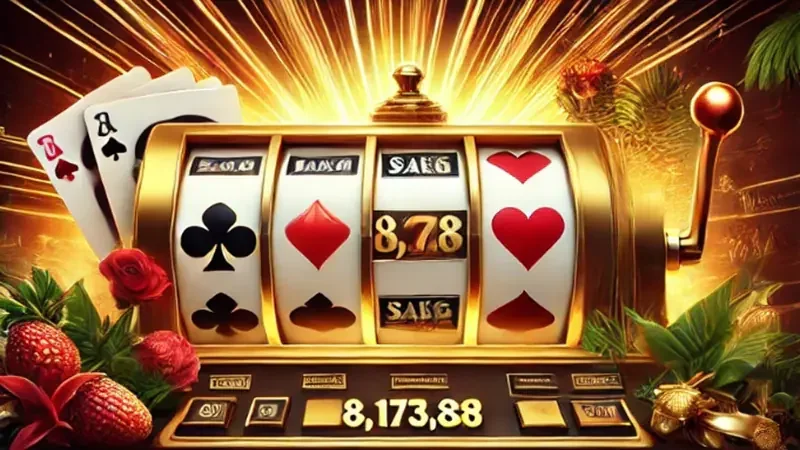 Layar slot bertema dengan susunan reel dan fitur permainan